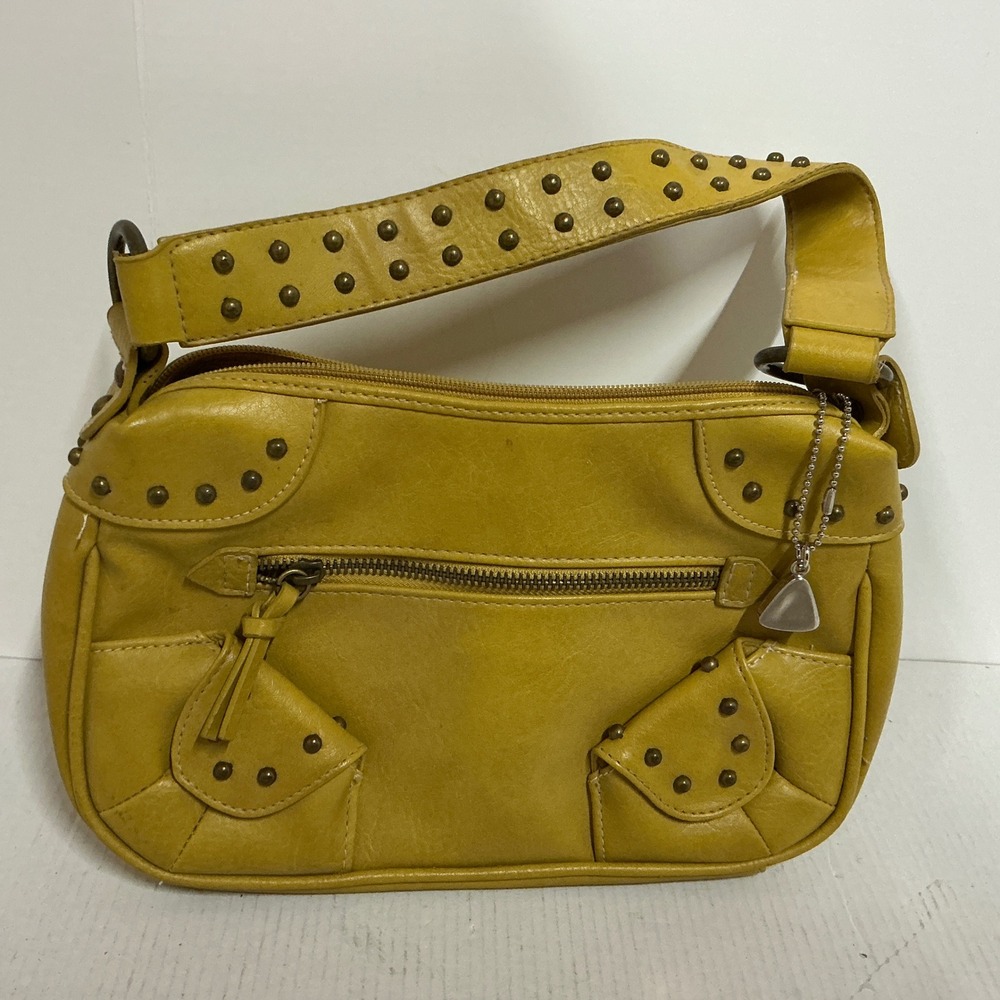 Vintage Wristlet Clutch Bag Knot Detail Pleated Faux Leather Mustard Green Small